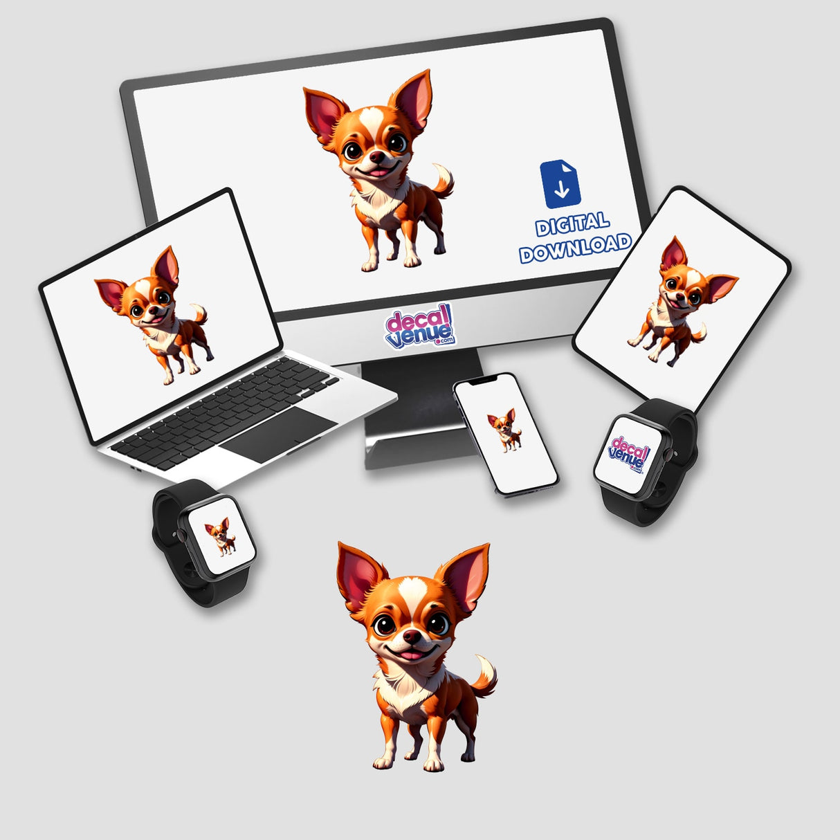 Cute Chihuahua cartoon displayed on a computer monitor and laptop, available as vinyl stickers or digital artwork.