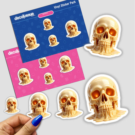 Sticker pack featuring the 'Skull Dripping Candle Wax' design, showcasing multiple skulls appearing to melt like liquid, available as stickers or digital artwork from Decal Venue.