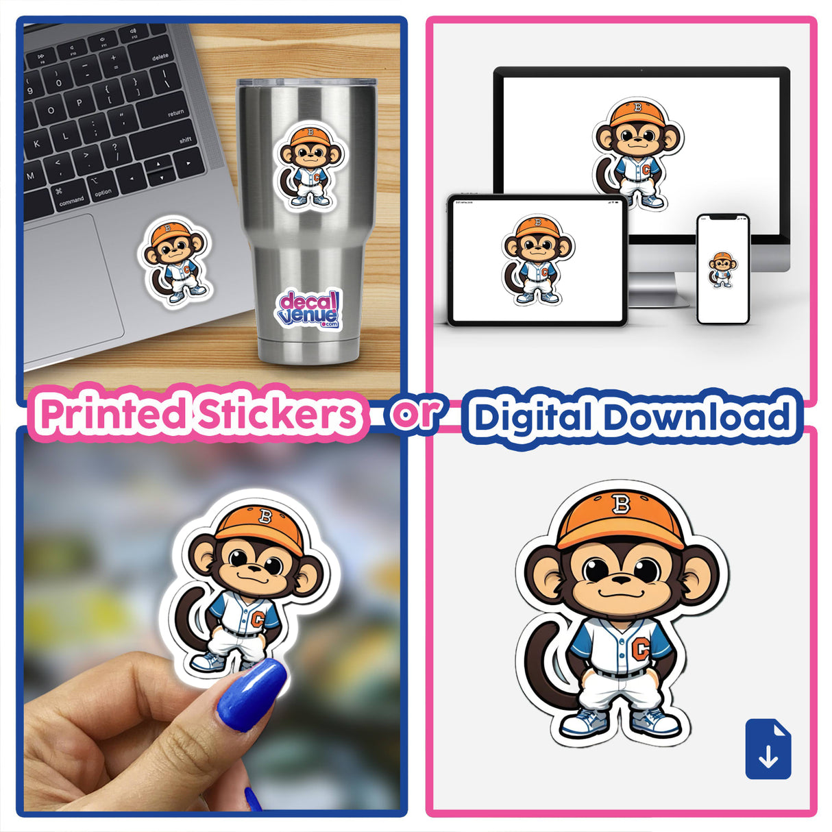 Colorful digital artwork featuring a monkey character in a baseball uniform, displayed on various products including a laptop, phone, and as stickers.