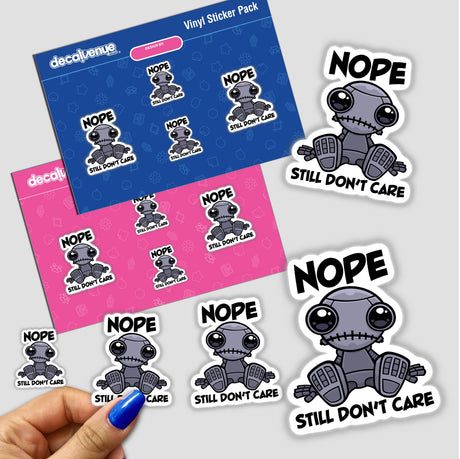 Nope Still Don't Care Cute Indifferent Robot sticker pack, featuring cartoon robot designs, held by a hand. Available as vinyl stickers or digital artwork.