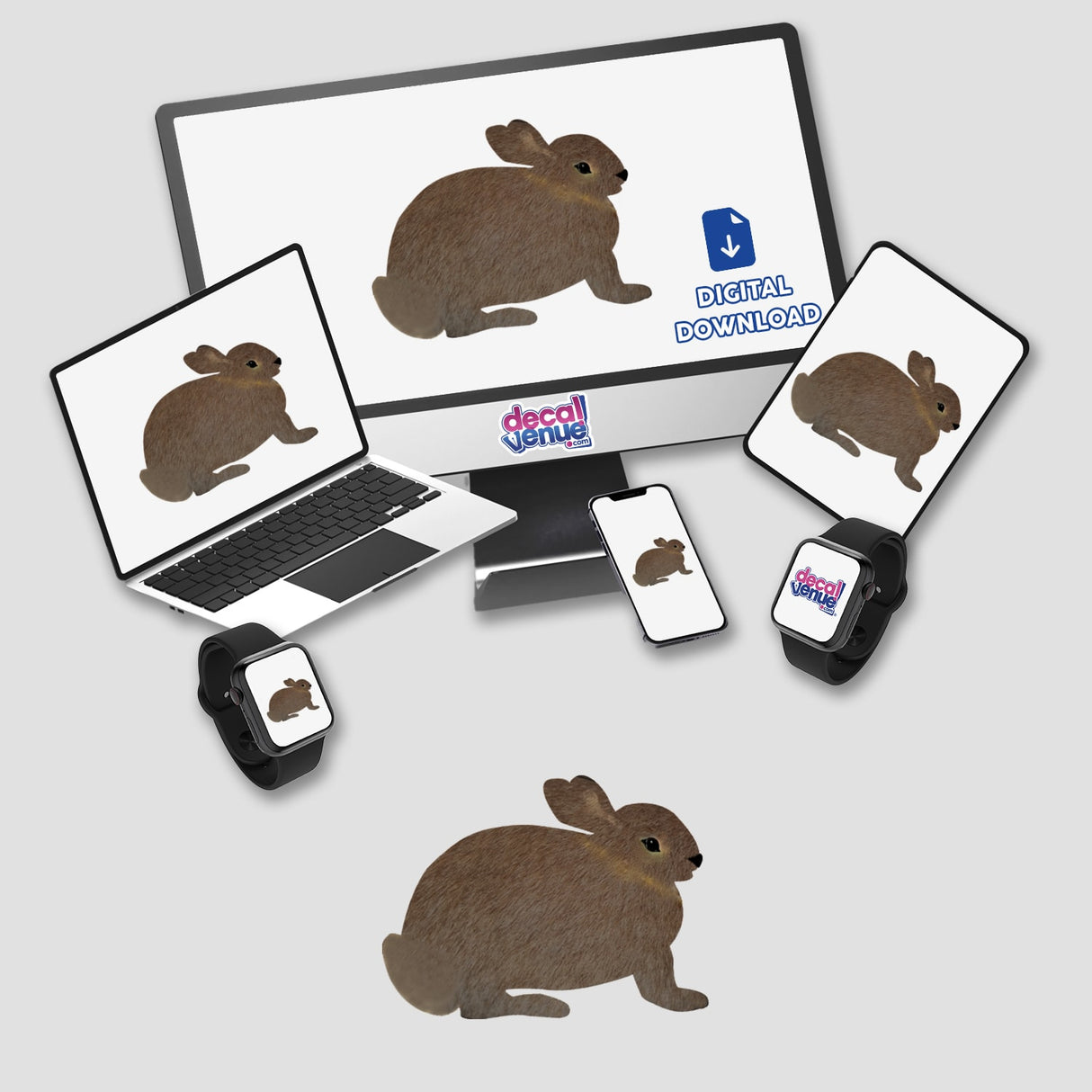 Brown bunny rabbit depicted on a computer monitor and laptop screen, available as stickers or digital artwork from Decal Venue, highlighting unique vinyl designs and digital artistry.