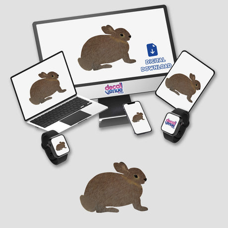 Brown bunny rabbit depicted on a computer monitor and laptop screen, available as stickers or digital artwork from Decal Venue, highlighting unique vinyl designs and digital artistry.