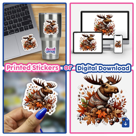 Autumn Moose in Cozy Sweater - Digital artwork featuring a charming moose surrounded by fall foliage and decorative elements, available as printed stickers or digital download from Decal Venue online store.