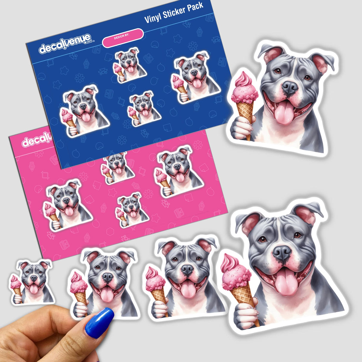 Adorable gray Pitbull dog with ice cream cone stickers, available as vinyl stickers or digital downloads from the Decal Venue store. The image showcases the playful and expressive Pitbull featured in various poses, perfect for adding personality to any surface.