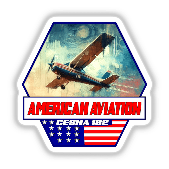Vintage aviation-themed digital artwork depicting a Cessna 182 aircraft in flight against a starry night sky backdrop, with the American flag and "American Aviation Cessna 182" text overlaid.