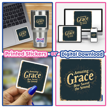 Amazing Grace Vintage Typography Design Sticker or Clipart featuring a collage of stickers, a laptop with a sticker, and digital elements, available with commercial rights from Decal Venue.