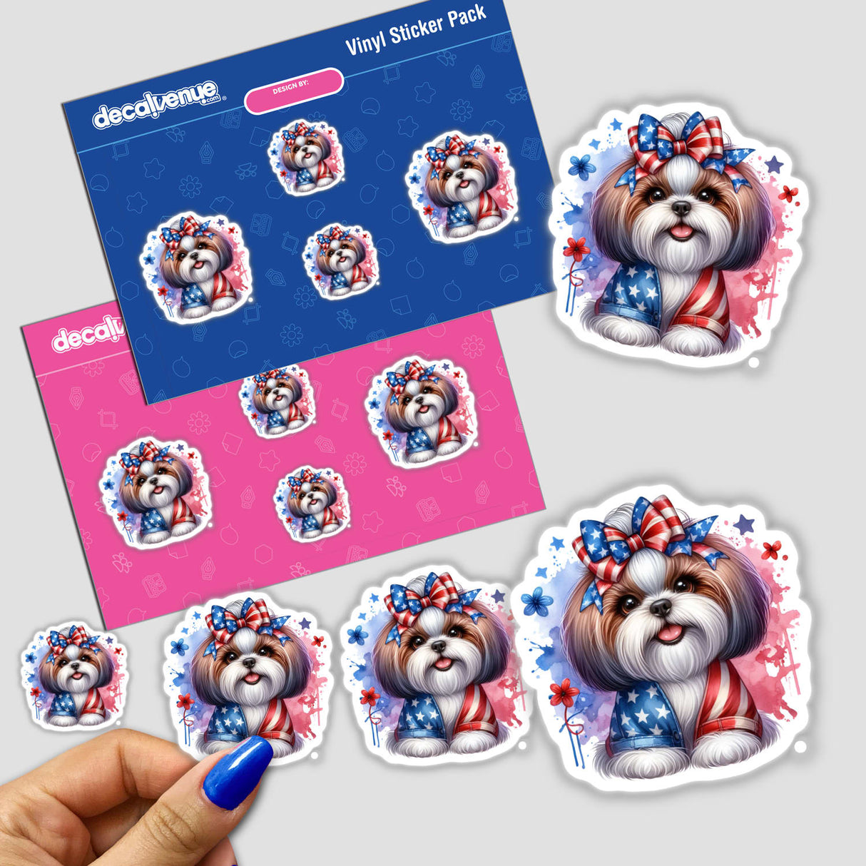 Patriotic Shih Tzu Dog American Flag III sticker pack held by a hand, featuring a cartoon Shih Tzu dog wearing a bow and shirt.