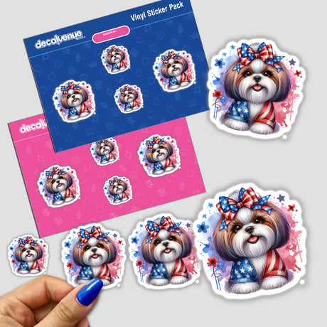 Patriotic Shih Tzu Dog American Flag III sticker pack held by a hand, featuring a cartoon Shih Tzu dog wearing a bow and shirt.
