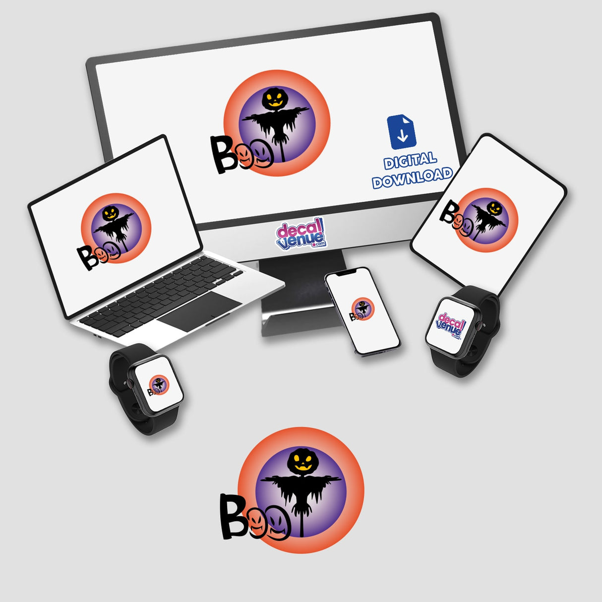Computer monitor and laptop displaying a Halloween-themed logo titled Boo, available as stickers or digital artwork from Decal Venue.