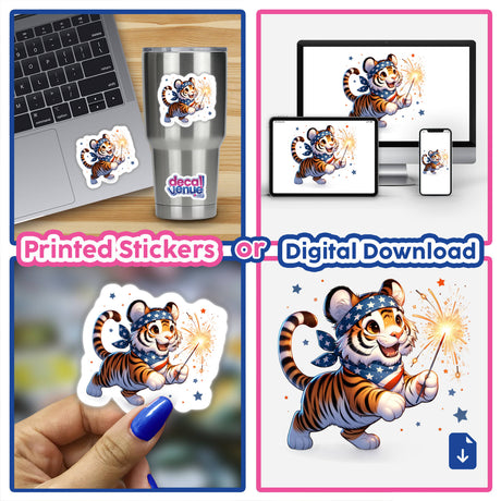 Tiger Holding Sparkler 4th of July Patriotic