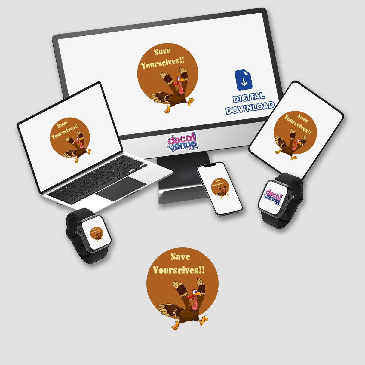 Save yourselves! Turkey escape design on monitor, laptop, phone, and tablet screens, showcasing cartoon turkeys, available as stickers or digital artwork from Decal Venue.