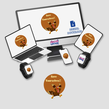 Save yourselves! Turkey escape design on monitor, laptop, phone, and tablet screens, showcasing cartoon turkeys, available as stickers or digital artwork from Decal Venue.