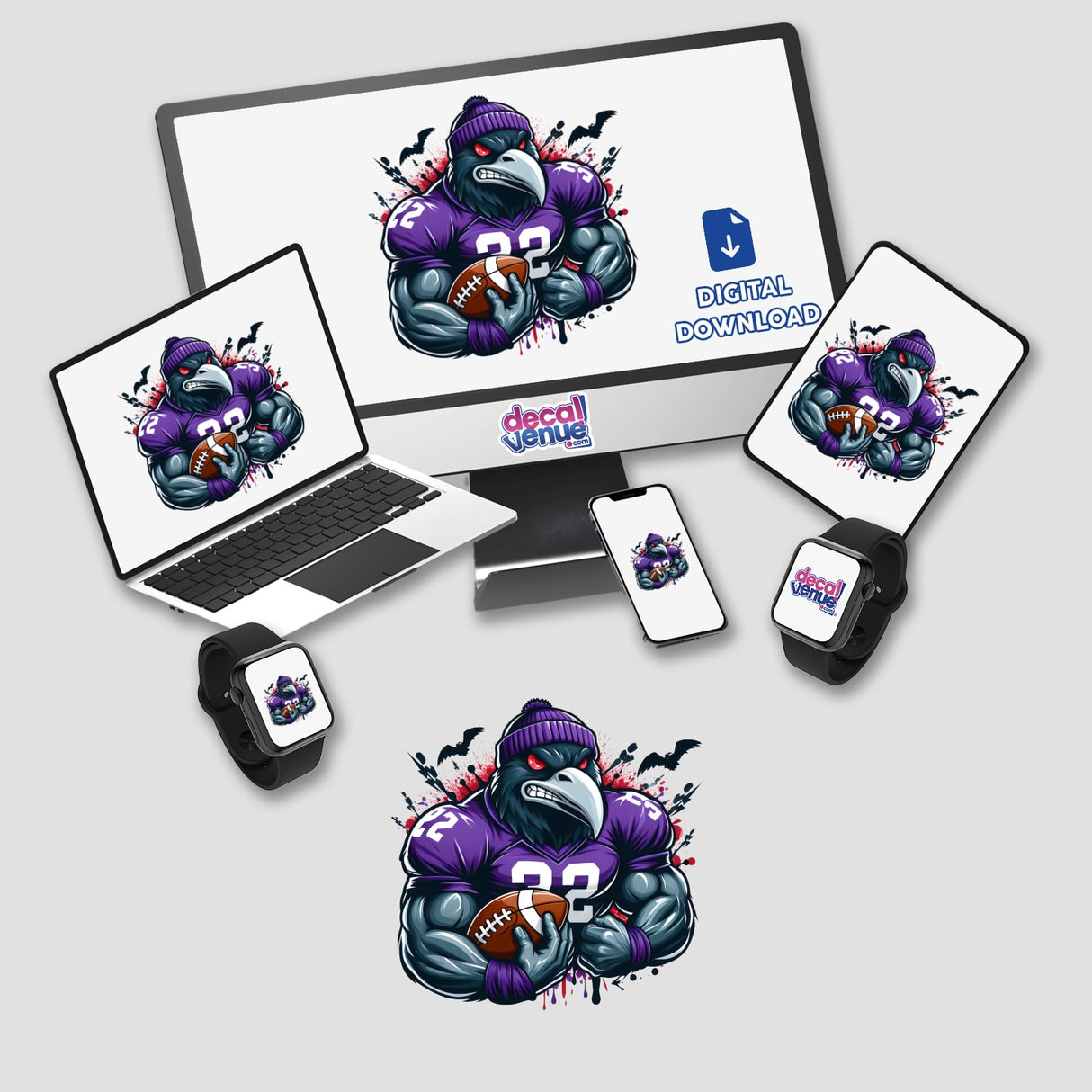 Purple Raven Bird Wearing Football Jersey II displayed on various devices, including a computer monitor, laptop, phone, and smartwatch, showcasing its availability as stickers or digital artwork.
