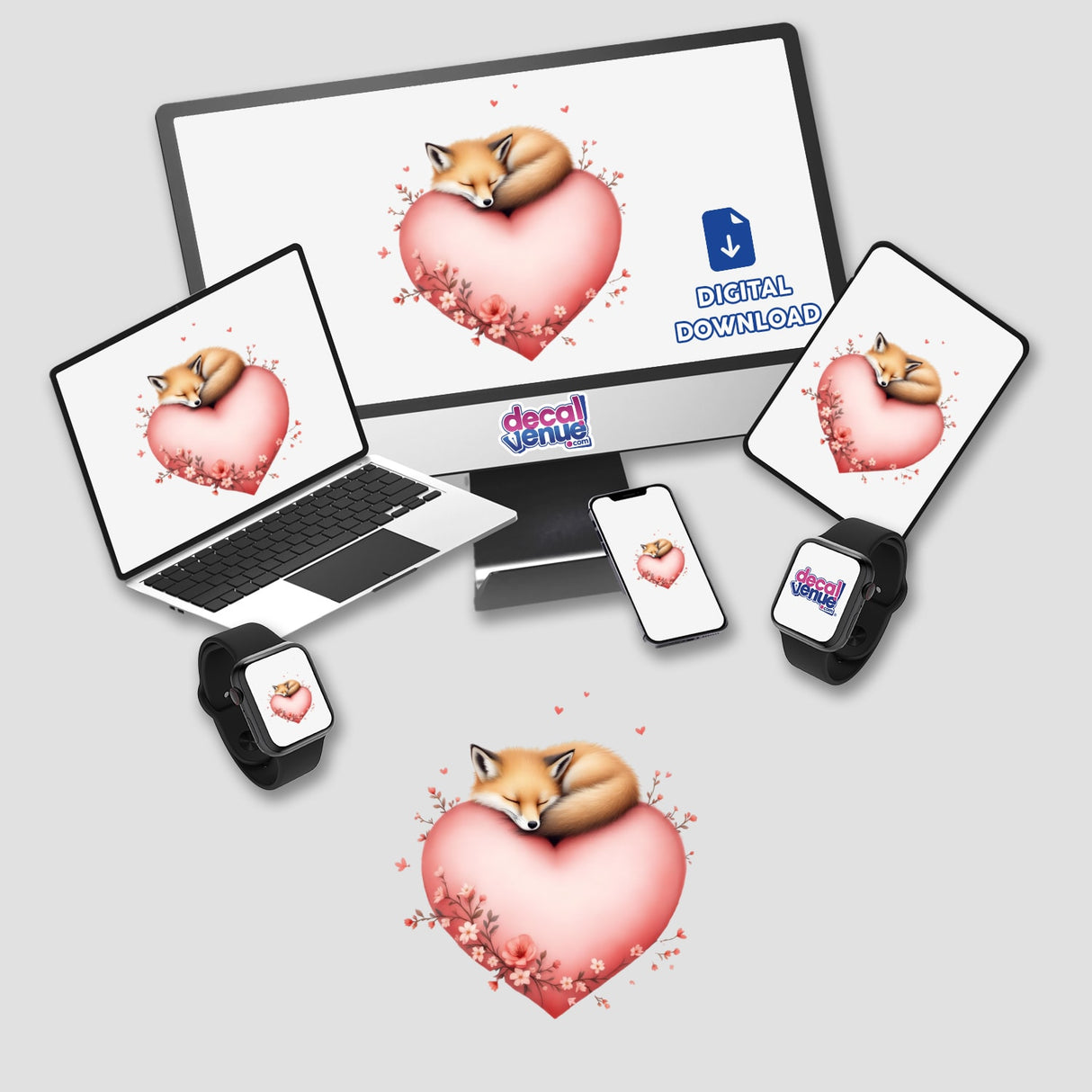 Cozy Sleeping Fox with Roses and Hearts: A serene fox nestled among hearts, depicted on devices like a laptop and tablet, available as stickers or digital art.
