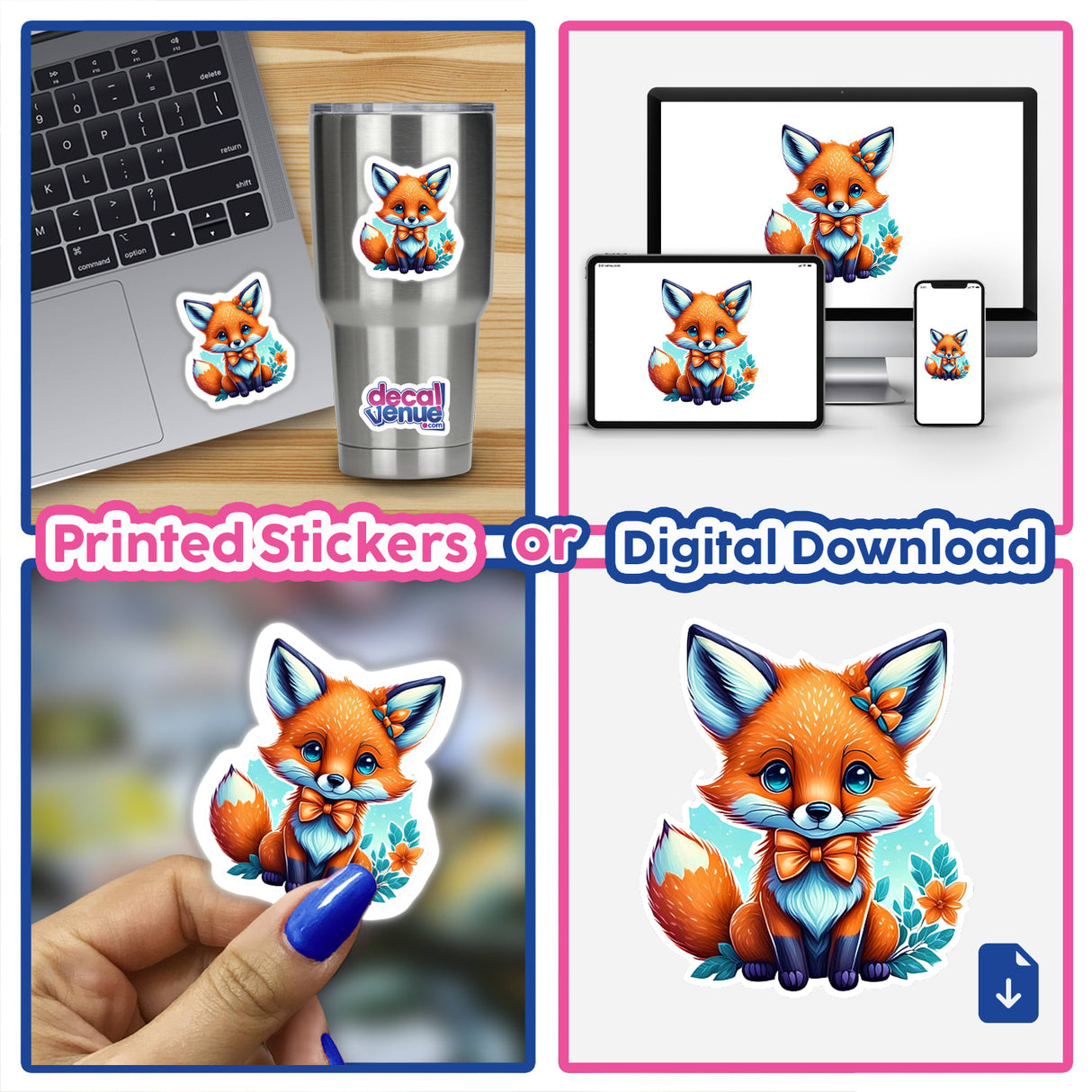 Collage showcasing the Baby Fox sticker on various items: a hand holding the sticker, a laptop, a cup, and multiple cartoon fox illustrations. Available as stickers or digital artwork.