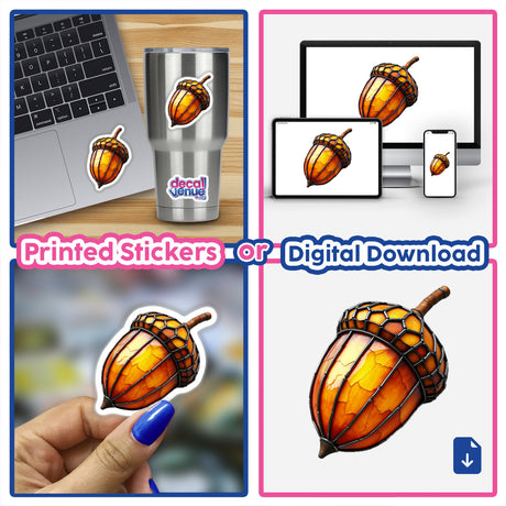 Collage featuring 'Acorn Stained Glass Style' stickers and digital artwork, highlighting detailed acorn designs, ideal for laptops or decorative decals, embodying Decal Venue's unique artistic flair.