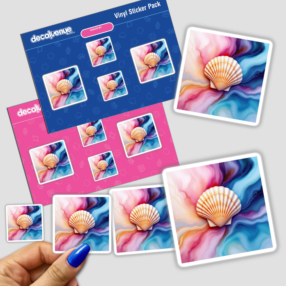 Seashell Alcohol Ink Design sticker pack featuring detailed shell illustrations, available as stickers or digital artwork, highlighted by a close-up of a person's finger for scale.