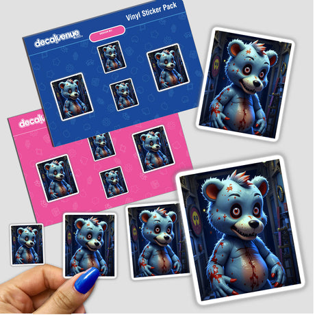 Sticker pack titled A Macabre Scary Bear held by a hand, featuring cartoon bears with a spooky, blood-stained theme. Available as stickers or digital artwork.