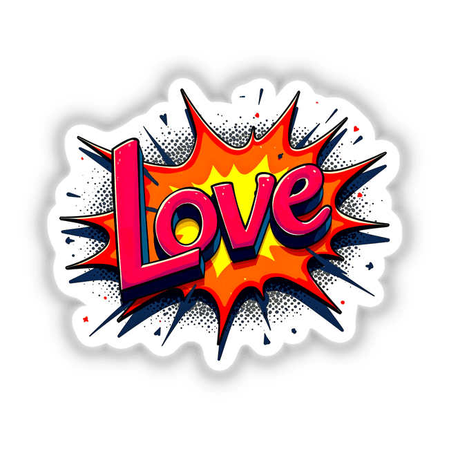 Love Valentine's Day graphic featuring vibrant, colorful lettering in an explosive design, available as stickers or digital artwork from Decal Venue.