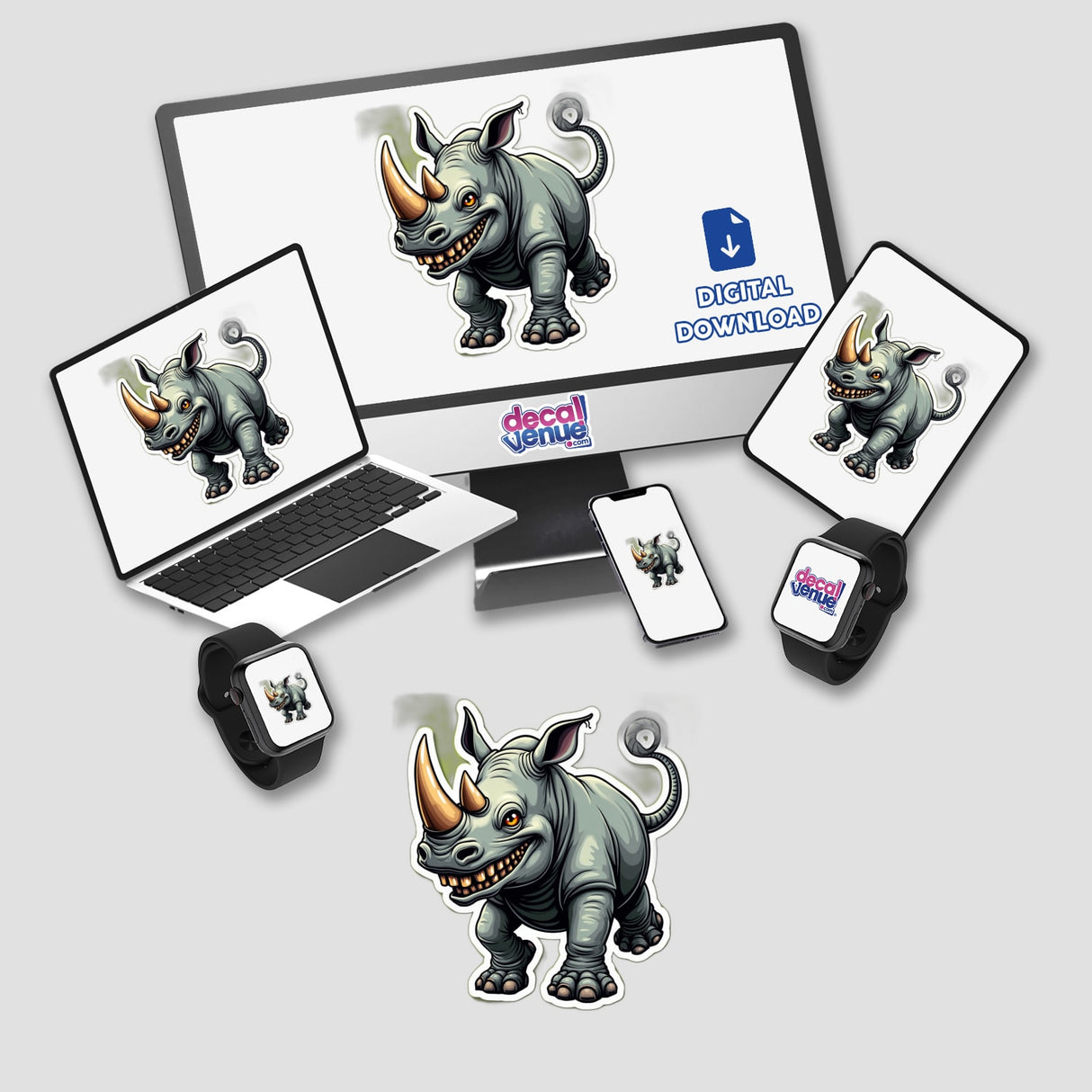 Rinoceronte Alegre stickers or digital artwork featuring a cheerful cartoon rhinoceros displayed on a computer monitor, laptop, tablet, and cell phone.