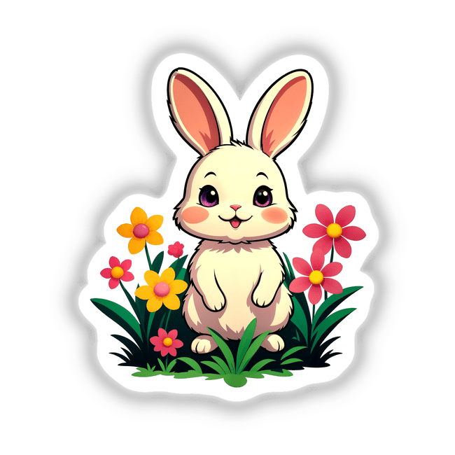 A Cute Rabbit With Blooming Spring Flowers