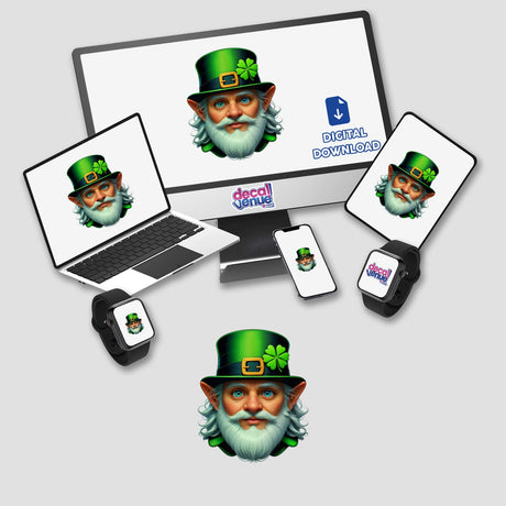 St. Patrick's Day Leprechaun digital artwork featuring a leprechaun face on a laptop and monitor, available as stickers from Decal Venue.