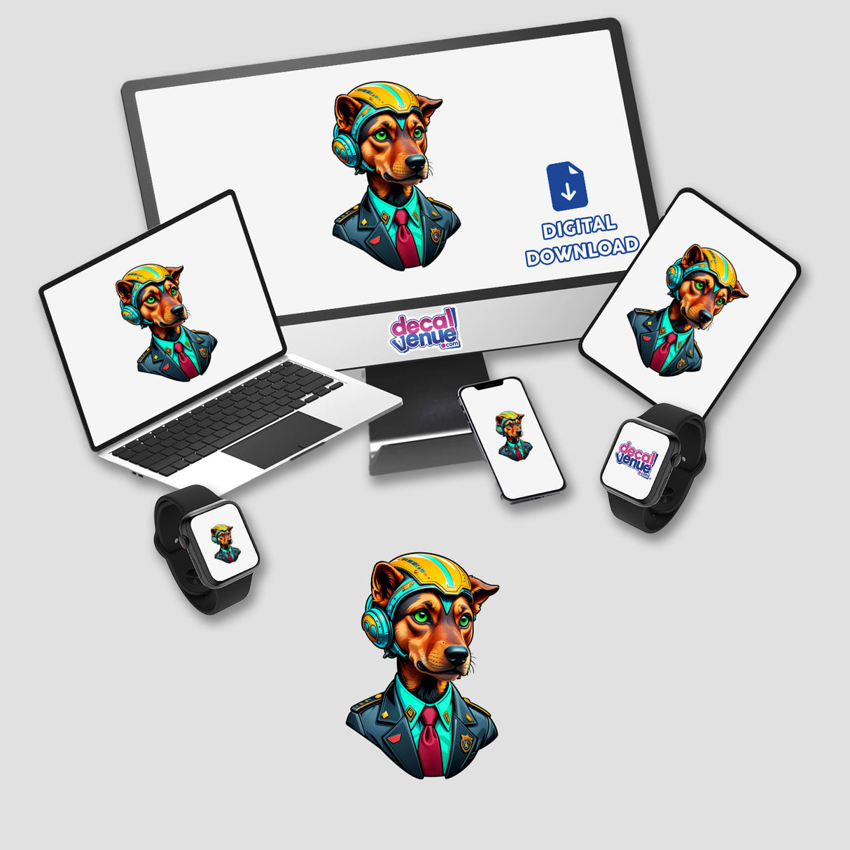 a computer, laptop, phone, and other electronic devices with stickers on them