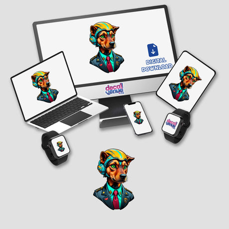 a computer, laptop, phone, and other electronic devices with stickers on them