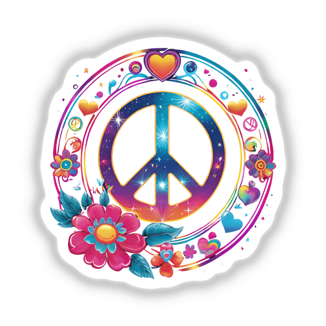 Vibrant peace sign artwork with floral accents