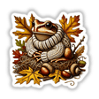 Autumn Frog in Cozy Sweater - Detailed digital artwork depicting a frog wearing a knitted sweater, surrounded by vibrant fall leaves, acorns, and other seasonal elements.