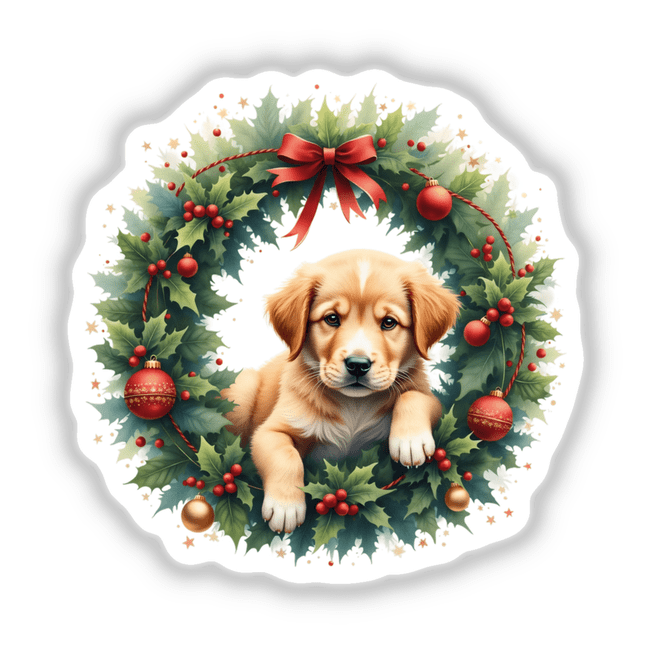 Puppy in a Christmas Wreath depicted as digital artwork or stickers, capturing a dog nestled in festive greenery, surrounded by ornaments and a red bow, showcasing Decal Venue's unique art style.