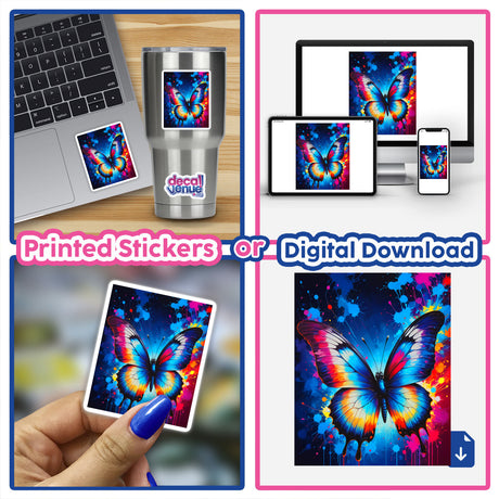 A collage featuring A Pretty Colorful Butterfly on various surfaces, showcasing its availability as stickers or digital artwork.