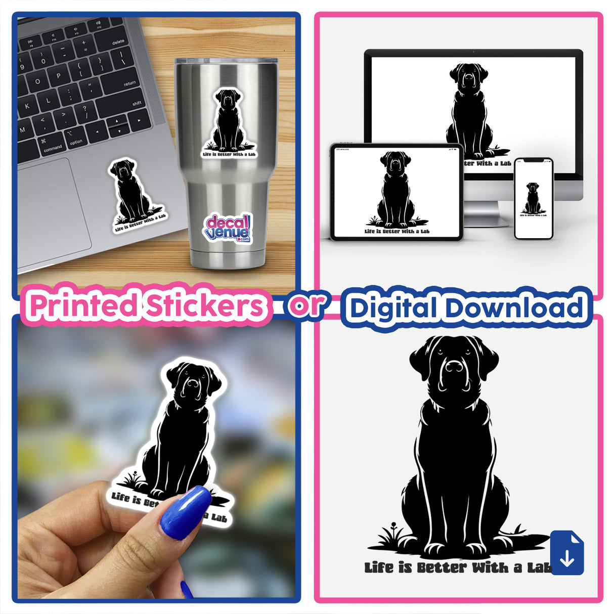 Collage of Life is Better with a Lab dog stickers, featuring various black and white illustrations of a Labrador, shown on a laptop and held in hand.