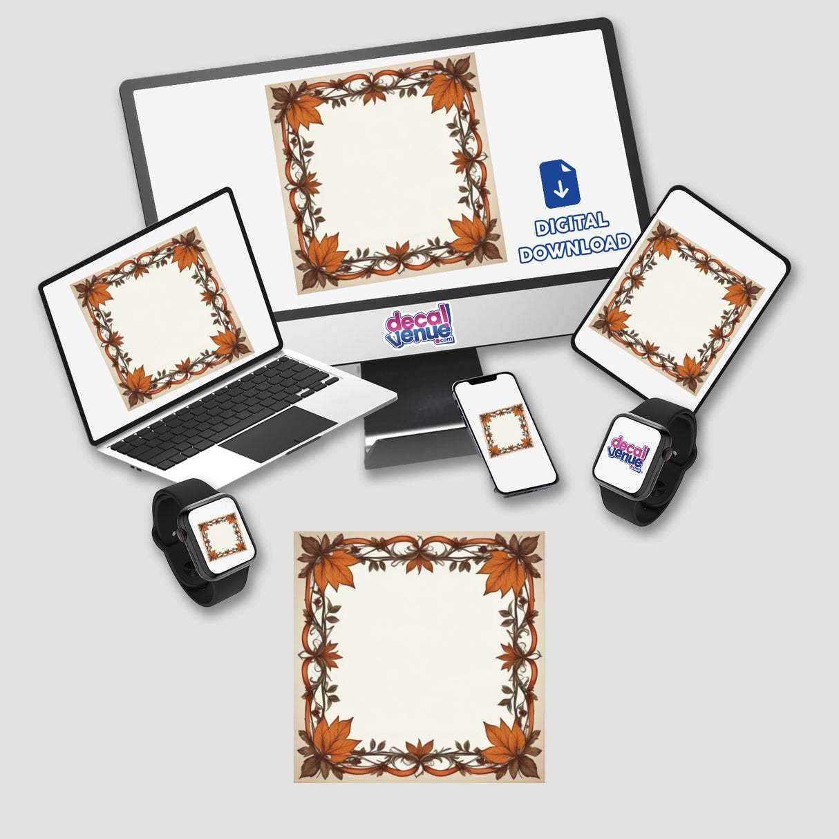 Autumn Aesthetic Frame Clipart featuring a square design with fall leaves, displayed on a laptop and computer monitor, ideal for quotes and commercial use.