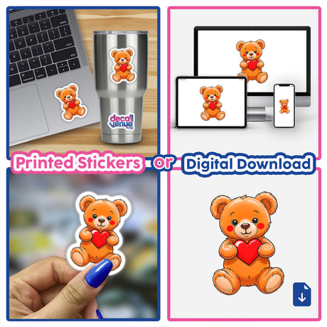 Collage of Cute Valentine's Day Teddy Bear stickers adorning a laptop, showcasing charming cartoon bears holding hearts, available as stickers or digital artwork at Decal Venue.