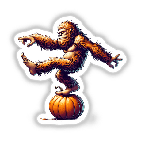 Whimsical illustration of Sasquatch standing on a pumpkin, digital artwork downloadable from DecalVenue