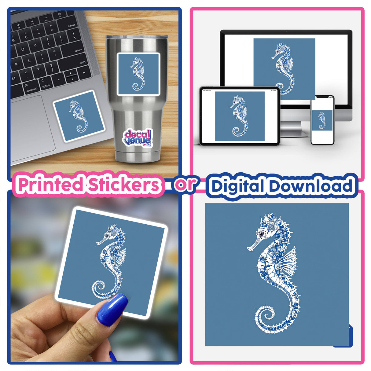 Chinoiserie Seahorse collage featuring various seahorse images on blue backgrounds, depicted on a sticker and digital artwork format.