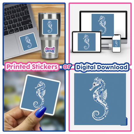 Chinoiserie Seahorse collage featuring various seahorse images on blue backgrounds, depicted on a sticker and digital artwork format.