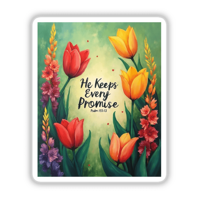 Fauvist Spring Gladiolus “He Keeps Every Promise” Psalm 145:13 Sticker or Clipart features a tulip painting with text, available as unique vinyl stickers or digital art from Decal Venue.