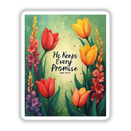 Fauvist Spring Gladiolus “He Keeps Every Promise” Psalm 145:13 Sticker or Clipart features a tulip painting with text, available as unique vinyl stickers or digital art from Decal Venue.