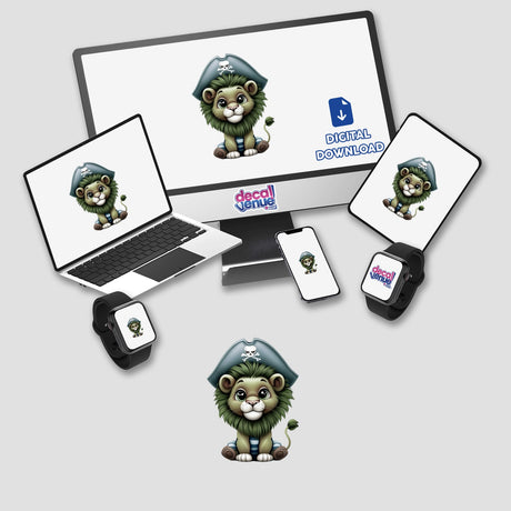 Pirate Lion with Skull Hat and Striped Outfit displayed on a computer monitor and laptop, available as stickers or digital artwork. Features a cartoon lion in pirate attire.