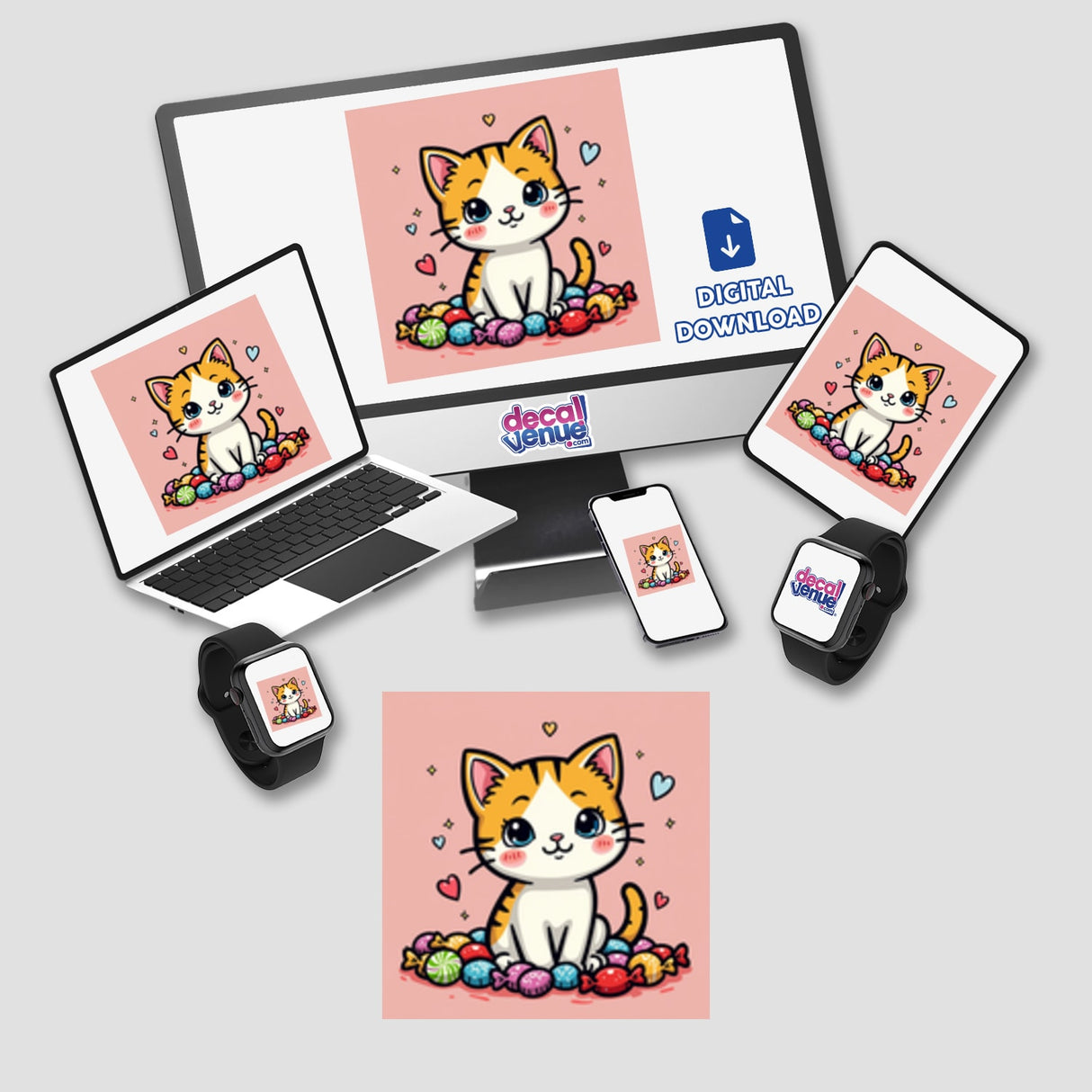 Kawaii cat surrounded by candy displayed on a computer monitor and laptop screen, available as stickers or digital artwork.