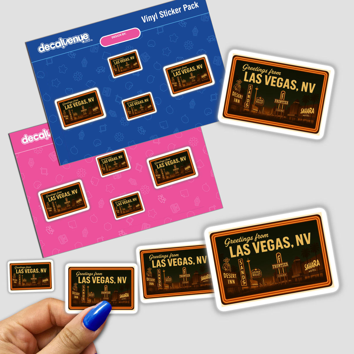 Greetings from Las Vegas Postcard Sticker or Clipart showcasing vintage casino art, available as stickers or digital artwork, reflecting Decal Venue's unique vinyl and digital art offerings.