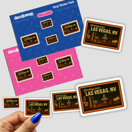 Greetings from Las Vegas Postcard Sticker or Clipart showcasing vintage casino art, available as stickers or digital artwork, reflecting Decal Venue's unique vinyl and digital art offerings.