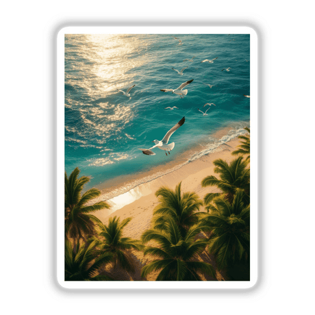 Sunset Serenity Seagulls Over Tropical Shores: A serene scene of seagulls soaring above a beach with palm trees, available as vinyl stickers or digital artwork, perfect for tropical-themed decor.