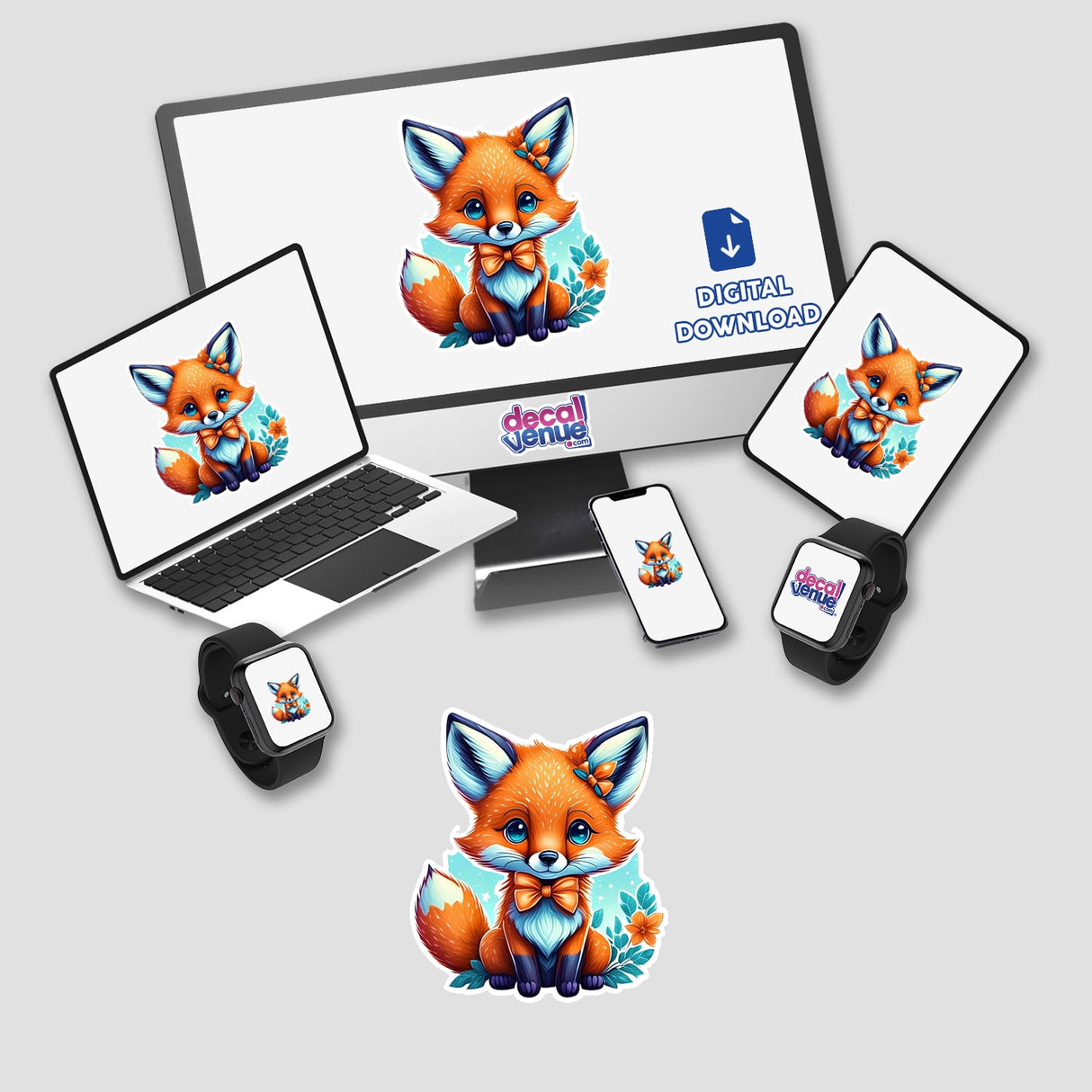 Baby Fox stickers and digital artwork displayed on a computer monitor, laptop, tablet, phone, and smartwatch, featuring a charming cartoon fox.