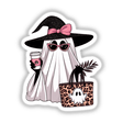 Boujee Ghost Leopard Tote and Coffee, featuring a cartoon ghost holding a coffee cup and bag against a leopard print background. Available as stickers or digital artwork.