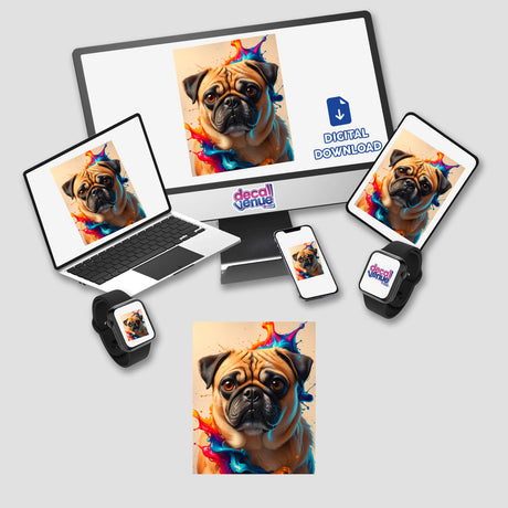 Cute pug portrait displayed on various devices, available as stickers or digital artwork. Perfect for vinyl sticker enthusiasts and digital art collectors from Decal Venue.
