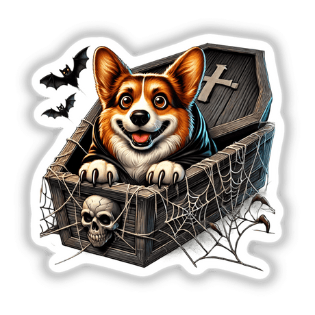 Playful Corgi Peeks from Spooky Coffin: Whimsical digital illustration of a Corgi dog peeking out from a wooden coffin surrounded by Halloween elements like spider webs, bats, and skulls.