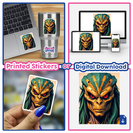 A collage featuring A Cool Alien Predator Soldier in various cartoon forms, displayed as stickers on a laptop and digital artwork.